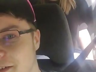 Girl blowjob in the car, friend in the back