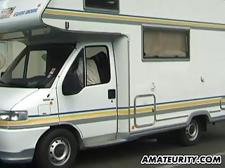 Amateur girlfriend threesome in a camping-car